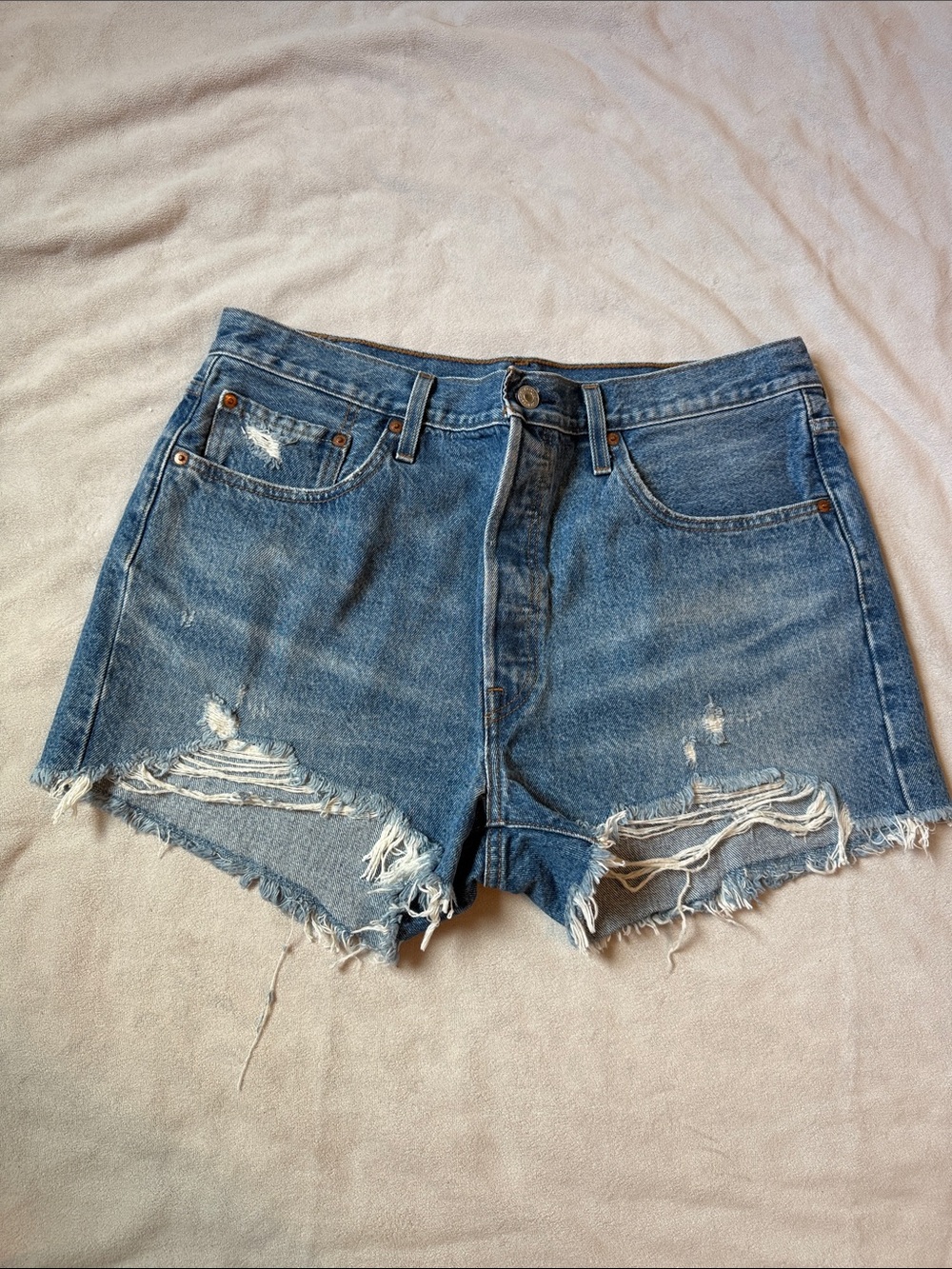 Levi's Medium Blue Ripped High-Waist Jean Shorts